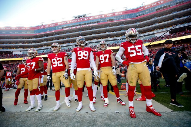 SANTA CLARA, CA - JANUARY 11: The San Francisco 49ers waits to get back onto the field during the game against the Minnesota Vikings at Levi's Stadium on January 11, 2020 in Santa Clara, California. The 49ers defeated the Vikings 27-10. (Photo by Michael Zagaris/San Francisco 49ers/Getty Images)