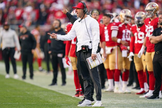 SANTA CLARA, CALIFORNIA - JANUARY 11: Head coach Kyle Shanahan of the San Francisco 49ers looks on from the sidelines against the Minnesota Vikings in the third quarter during the NFC Divisional Round Playoff game at Levi's Stadium on January 11, 2020 in Santa Clara, California. (Photo by Thearon W. Henderson/Getty Images)