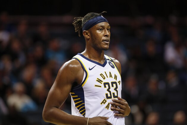 Indiana Pacers center Myles Turner stands on the court during the second half of an NBA basketball game against the Charlotte Hornets in Charlotte, N.C., Monday, Jan. 6, 2020. The Pacers won 115-104. (AP Photo/Nell Redmond)