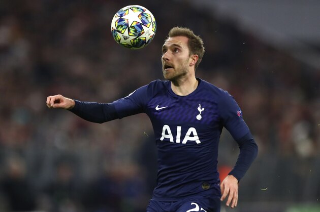 Tottenham's Christian Eriksen eyes the ball during the Champions League group B soccer match between Bayern Munich and Tottenham Hotspur at the Allianz Arena stadium, in Munich, Wednesday, Dec. 11, 2019. (AP Photo/Matthias Schrader)