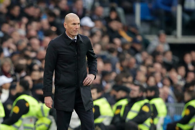 MADRID, SPAIN - JANUARY 18: Coach Zinedine Zidane of Real Madrid  during the La Liga Santander  match between Real Madrid v Sevilla at the Santiago Bernabeu on January 18, 2020 in Madrid Spain (Photo by David S. Bustamante/Soccrates/Getty Images)