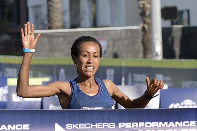 LOS ANGELES, CALIFORNIA - MARCH 24: Askale Merachi is the first female runner to cross the finish line  the 34th Running Of The Skechers Los Angeles Marathon on March 24, 2019 in Los Angeles, California. (Photo by Jerod Harris/Getty Images for Conqur Endurance Group)