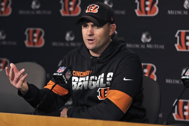 Cincinnati Bengals head coach Zac Taylor speaks during a news conference after an NFL football game against the Cleveland Browns, Sunday, Dec. 29, 2019, in Cincinnati. The Bengals won 33-23. (AP Photo/Gary Landers)