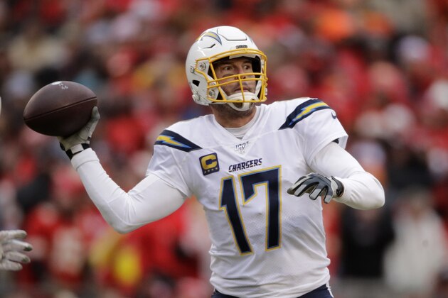 Los Angeles Chargers quarterback Philip Rivers throws during the second half of an NFL football game against the Kansas City Chiefs Sunday, Dec. 29, 2019, in Kansas City, Mo. The Chiefs won 31-21. (AP Photo/Charlie Riedel)