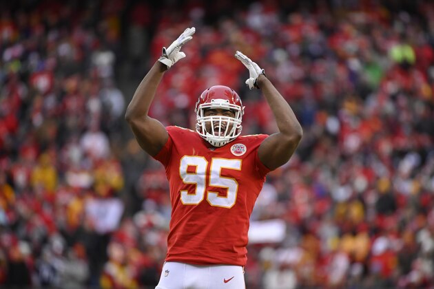 Kansas City Chiefs defensive end Chris Jones (95) fires up the crowd against the Los Angeles Chargers during the second half of an NFL football game in Kansas City, Mo., Sunday, Dec. 29, 2019. (AP Photo/Reed Hoffmann)