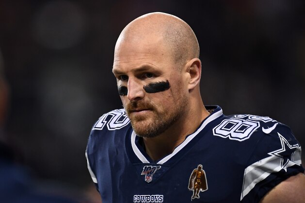 CHICAGO, ILLINOIS - DECEMBER 05:  Jason Witten #82 of the Dallas Cowboys watches action during a game against the Chicago Bears at Soldier Field on December 05, 2019 in Chicago, Illinois.  The Bears defeated the Cowboys 31-24.  (Photo by Stacy Revere/Getty Images)