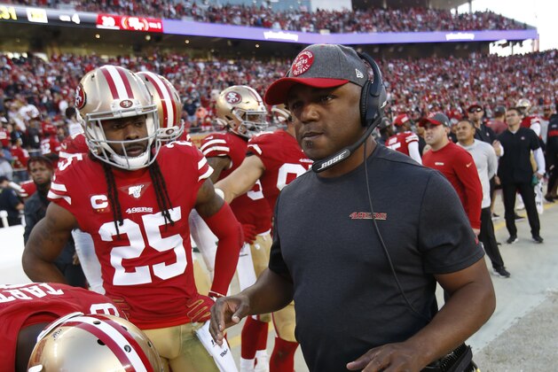 SANTA CLARA, CA - NOVEMBER 17: Defensive Back/Pass Game Coordinator Joe Woods of the San Francisco 49ers stands on the sideline during the game against the Arizona Cardinals at Levi's Stadium on November 17, 2019 in Santa Clara, California. The 49ers defeated the Cardinals 36-26. (Photo by Michael Zagaris/San Francisco 49ers/Getty Images) SANTA CLARA, CA - NOVEMBER 17: Defensive Back/Pass Game Coordinator Joe Woods of the San Francisco 49ers stands on the sideline during the game against the Arizona Cardinals at Levi's Stadium on November 17, 2019 in Santa Clara, California. The 49ers defeated the Cardinals 36-26. (Photo by Michael Zagaris/San Francisco 49ers/Getty Images)