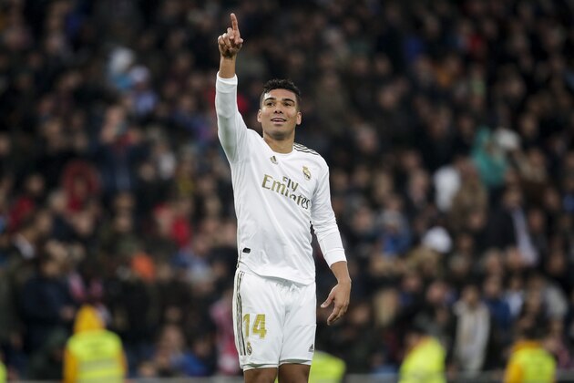 MADRID, SPAIN - JANUARY 18: Casemiro of Real Madrid celebrates goal 2-1 during the La Liga Santander  match between Real Madrid v Sevilla at the Santiago Bernabeu on January 18, 2020 in Madrid Spain (Photo by David S. Bustamante/Soccrates/Getty Images)