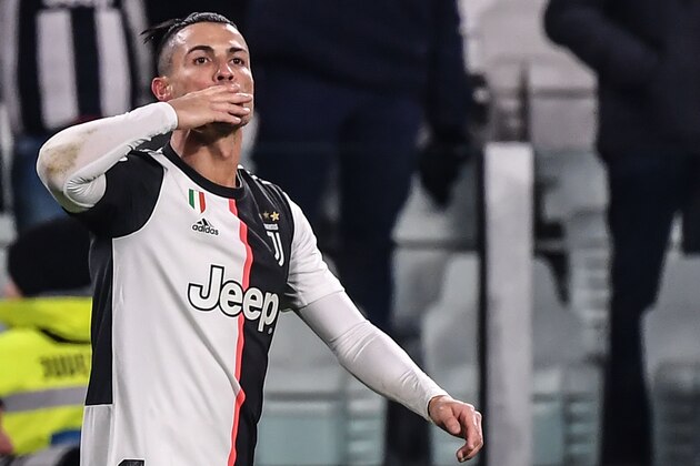 Juventus' Portuguese forward Cristiano Ronaldo celebrates after scoring his second goal during the Italian Serie A football match Juventus vs Parma on January 19, 2020 at the Juventus stadium in Turin. (Photo by Marco Bertorello / AFP) (Photo by MARCO BERTORELLO/AFP via Getty Images)