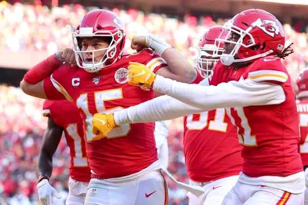 KANSAS CITY, MISSOURI - JANUARY 19: Patrick Mahomes #15 of the Kansas City Chiefs reacts after running for a 27 yard touchdown in the second quarter against the Tennessee Titans in the AFC Championship Game at Arrowhead Stadium on January 19, 2020 in Kansas City, Missouri. (Photo by Tom Pennington/Getty Images)