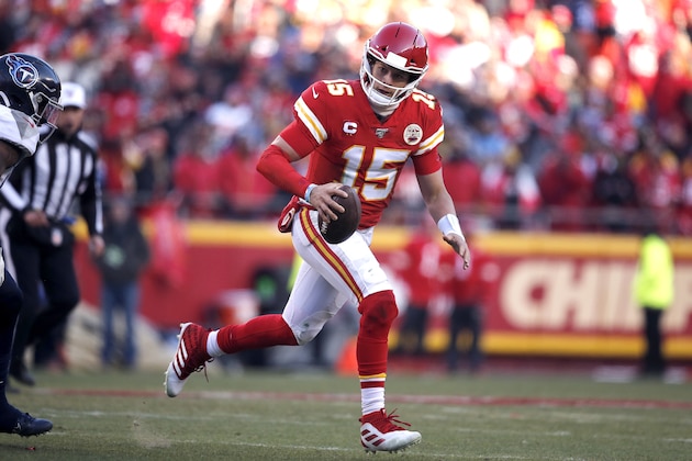 KANSAS CITY, MISSOURI - JANUARY 19: Patrick Mahomes #15 of the Kansas City Chiefs runs on his way to scoring a 27 yard touchdown in the second quarter against the Tennessee Titans in the AFC Championship Game at Arrowhead Stadium on January 19, 2020 in Kansas City, Missouri. (Photo by David Eulitt/Getty Images) KANSAS CITY, MISSOURI - JANUARY 19: Patrick Mahomes #15 of the Kansas City Chiefs runs on his way to scoring a 27 yard touchdown in the second quarter against the Tennessee Titans in the AFC Championship Game at Arrowhead Stadium on January 19, 2020 in Kansas City, Missouri. (Photo by David Eulitt/Getty Images)