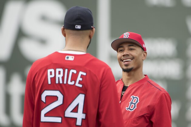 BOSTON, MA - MAY 23: Mookie Betts #50 of the Boston Red Sox talks with David Price #24 before a game against the Texas Rangers on May 23, 2017 at Fenway Park in Boston, Massachusetts. (Photo by Billie Weiss/Boston Red Sox/Getty Images)