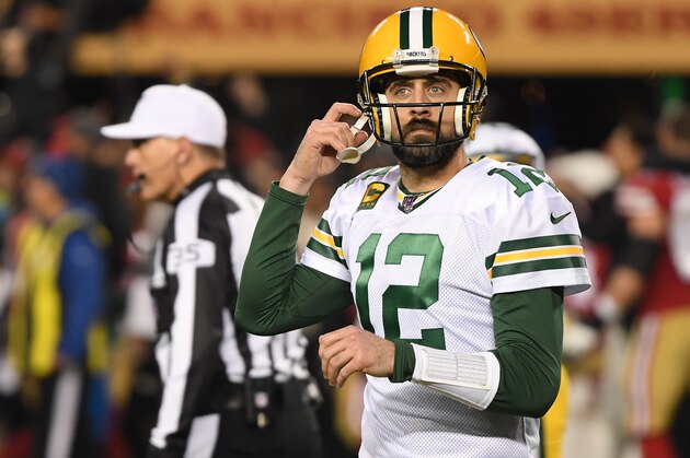 SANTA CLARA, CALIFORNIA - JANUARY 19: Aaron Rodgers #12 of the Green Bay Packers reacts to throwing an interception late in the game against the San Francisco 49ers during the second half of the NFC Championship game at Levi's Stadium on January 19, 2020 in Santa Clara, California. (Photo by Harry How/Getty Images)