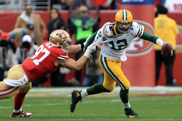 SANTA CLARA, CALIFORNIA - JANUARY 19: Aaron Rodgers #12 of the Green Bay Packers is sacked by Nick Bosa #97 of the San Francisco 49ers in the first half during the NFC Championship game at Levi's Stadium on January 19, 2020 in Santa Clara, California. (Photo by Sean M. Haffey/Getty Images)
