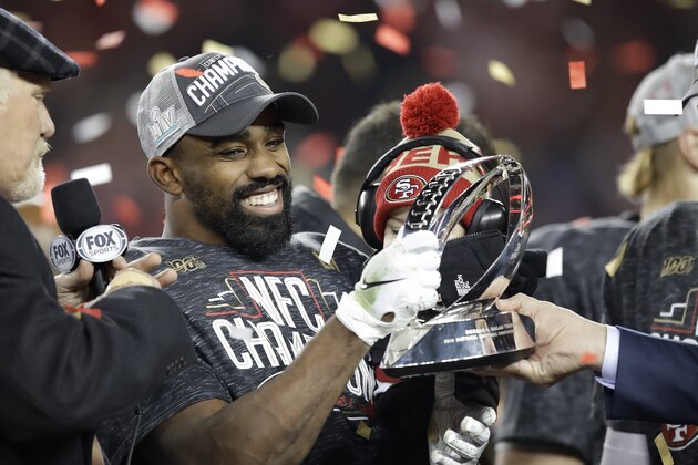 San Francisco 49ers running back Raheem Mostert celebrates after the NFL NFC Championship football game against the Green Bay Packers Sunday, Jan. 19, 2020, in Santa Clara, Calif. The 49ers won 37-20 to advance to Super Bowl 54 against the Kansas City Chiefs. (AP Photo/Ben Margot)
