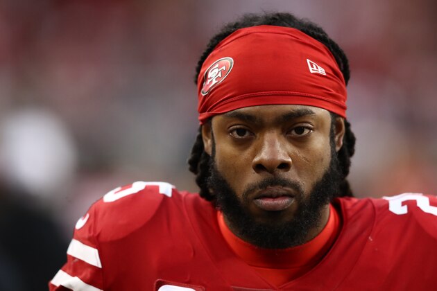 SANTA CLARA, CALIFORNIA - JANUARY 19: Richard Sherman #25 of the San Francisco 49ers on the sidelines in the first half against the Green Bay Packers during the NFC Championship game at Levi's Stadium on January 19, 2020 in Santa Clara, California. (Photo by Ezra Shaw/Getty Images)