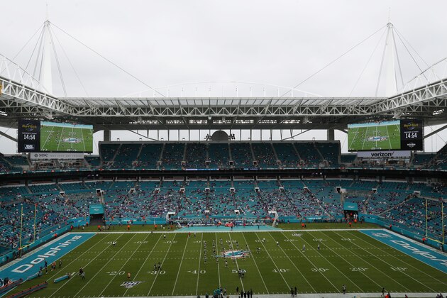 Fans stream into Hard Rock Stadium for the first half at an NFL football game between the Miami Dolphins and the Buffalo Bills, Sunday, Nov. 17, 2019, in Miami Gardens, Fla. (AP Photo/Wilfredo Lee)