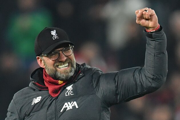 Liverpool's German manager Jurgen Klopp reacts at the end of the English Premier League football match between Liverpool and Manchester United at Anfield stadium in Liverpool, north west England on January 19, 2020. (Photo by Paul ELLIS / AFP) / RESTRICTED TO EDITORIAL USE. No use with unauthorized audio, video, data, fixture lists, club/league logos or 'live' services. Online in-match use limited to 120 images. An additional 40 images may be used in extra time. No video emulation. Social media in-match use limited to 120 images. An additional 40 images may be used in extra time. No use in betting publications, games or single club/league/player publications. /  (Photo by PAUL ELLIS/AFP via Getty Images)