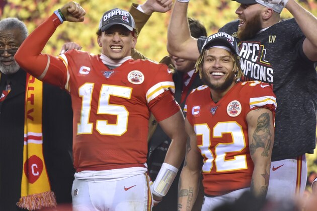 Kansas City Chiefs' Patrick Mahomes (15), Travis Kelce and Tyrann Mathieu (32) celebrate after the NFL AFC Championship football game against the Tennessee Titans Sunday, Jan. 19, 2020, in Kansas City, MO. The Chiefs won 35-24 to advance to Super Bowl 54. (AP Photo/Ed Zurga)