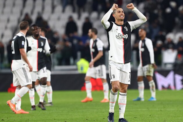 TURIN, ITALY - JANUARY 19:  Cristiano Ronaldo of Juventus celebrates a victory at the end of the Serie A match between Juventus and Parma Calcio at Allianz Stadium on January 19, 2020 in Turin, Italy.  (Photo by Marco Luzzani/Getty Images)