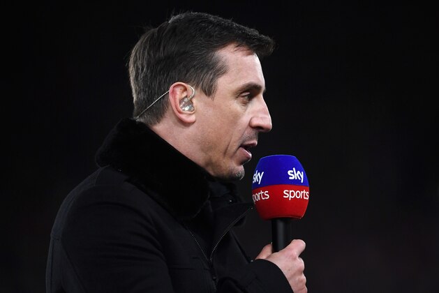 SHEFFIELD, ENGLAND - JANUARY 10: Ex-Manchester United and England footballer turned Sky Television Presenter Gary Neville talks to camera during the Premier League match between Sheffield United and West Ham United at Bramall Lane on January 10, 2020 in Sheffield, United Kingdom. (Photo by Laurence Griffiths/Getty Images)