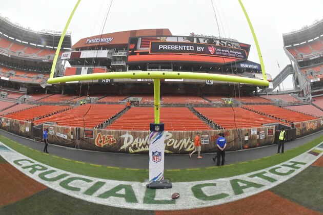 A general view of Crucial Catch signs before an NFL football game between the Cleveland Browns and the Baltimore Ravens, Sunday, Oct. 7, 2018, in Cleveland. The Browns won 12-9. (AP Photo/David Richard)