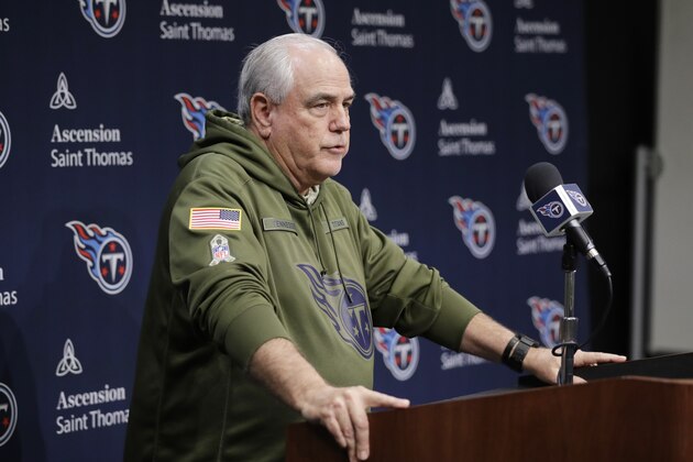 Tennessee Titans defensive coordinator Dean Pees answers questions before an NFL football practice Thursday, Jan. 16, 2020, in Nashville, Tenn. The Titans are scheduled to face the Kansas City Chiefs in the AFC Championship game Sunday. (AP Photo/Mark Humphrey)