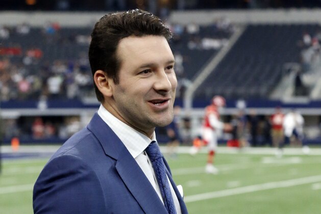 FILE - In this Nov. 5, 2017, file photo, CBS football analyst Tony Romo walks across the field during warm ups before an NFL football game between the Kansas City Chiefs and Dallas Cowboys, in Arlington, Texas. Romo is finally in the Super Bowl. After being unable to lead Dallas to the big game, Romo will call the game for CBS in his second season in the booth. But just like Jared Goff and Tom Brady, Romo is coming in with plenty of momentum after his call of the AFC Championship game _ where he predicted many of New England's plays and tendencies _ drew universal accolades. (AP Photo/Michael Ainsworth, File)