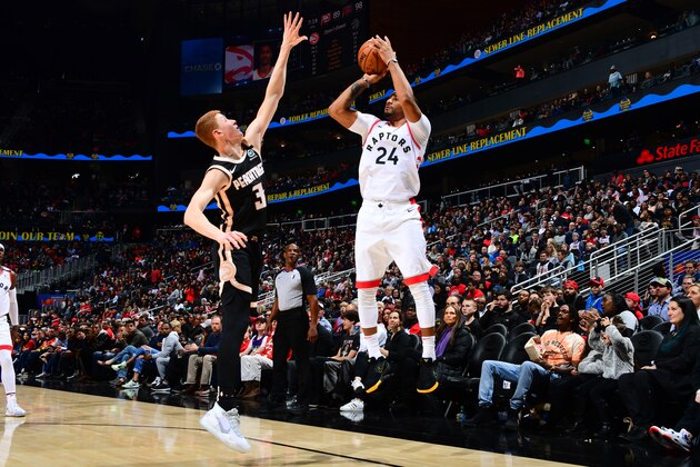 ATLANTA, GA - JANUARY 20: Norman Powell #24 of the Toronto Raptors shoots the ball against the Atlanta Hawks on January 20, 2020 at State Farm Arena in Atlanta, Georgia. NOTE TO USER: User expressly acknowledges and agrees that, by downloading and/or using this Photograph, user is consenting to the terms and conditions of the Getty Images License Agreement. Mandatory Copyright Notice: Copyright 2020 NBAE (Photo by Scott Cunningham/NBAE via Getty Images) ATLANTA, GA - JANUARY 20: Norman Powell #24 of the Toronto Raptors shoots the ball against the Atlanta Hawks on January 20, 2020 at State Farm Arena in Atlanta, Georgia. NOTE TO USER: User expressly acknowledges and agrees that, by downloading and/or using this Photograph, user is consenting to the terms and conditions of the Getty Images License Agreement. Mandatory Copyright Notice: Copyright 2020 NBAE (Photo by Scott Cunningham/NBAE via Getty Images)