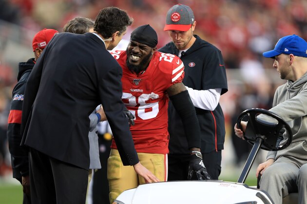SANTA CLARA, CALIFORNIA - JANUARY 19: Tevin Coleman #26 of the San Francisco 49ers is carted off the field after an injury in the first half against the Green Bay Packers during the NFC Championship game at Levi's Stadium on January 19, 2020 in Santa Clara, California. (Photo by Sean M. Haffey/Getty Images)