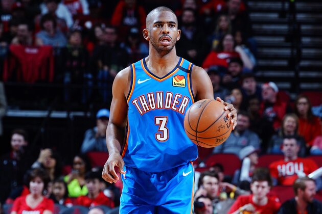 HOUSTON, TX - JANUARY 20:  Chris Paul #3 of the Oklahoma City Thunder handles the ball during the game against the Houston Rockets on January 20, 2020 at the Toyota Center in Houston, Texas. NOTE TO USER: User expressly acknowledges and agrees that, by downloading and or using this photograph, User is consenting to the terms and conditions of the Getty Images License Agreement. Mandatory Copyright Notice: Copyright 2020 NBAE (Photo by Cato Cataldo/NBAE via Getty Images)