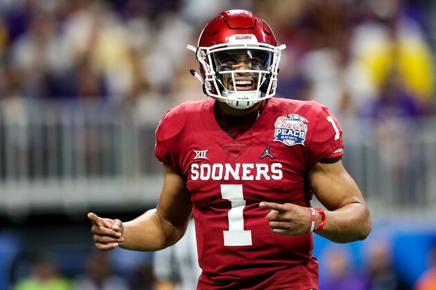 ATLANTA, GA - DECEMBER 28: Jalen Hurts #1 of the Oklahoma Sooners looks on during the Chick-fil-A Peach Bowl against the LSU Tigers at Mercedes-Benz Stadium on December 28, 2019 in Atlanta, Georgia. (Photo by Carmen Mandato/Getty Images)