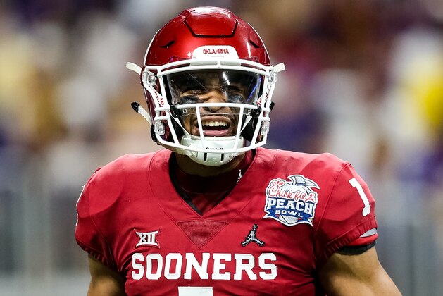 ATLANTA, GA - DECEMBER 28: Jalen Hurts #1 of the Oklahoma Sooners looks on during the Chick-fil-A Peach Bowl against the LSU Tigers at Mercedes-Benz Stadium on December 28, 2019 in Atlanta, Georgia. (Photo by Carmen Mandato/Getty Images)