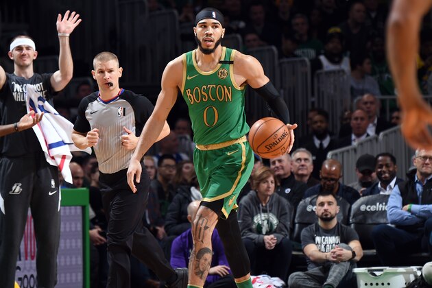 BOSTON, MA - JANUARY 20: Jayson Tatum #0 of the Boston Celtics handles the ball during the game against the Los Angeles Lakers on January 20, 2020 at the TD Garden in Boston, Massachusetts.  NOTE TO USER: User expressly acknowledges and agrees that, by downloading and or using this photograph, User is consenting to the terms and conditions of the Getty Images License Agreement. Mandatory Copyright Notice: Copyright 2020 NBAE  (Photo by Brian Babineau/NBAE via Getty Images)