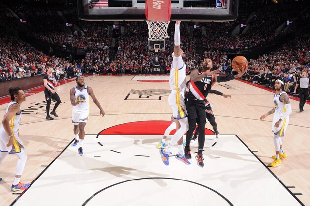 PORTLAND, OR - JANUARY 20: Damian Lillard #0 of the Portland Trail Blazers shoots the ball against the Golden State Warriors on January 20, 2020 at the Moda Center Arena in Portland, Oregon. NOTE TO USER: User expressly acknowledges and agrees that, by downloading and or using this photograph, user is consenting to the terms and conditions of the Getty Images License Agreement. Mandatory Copyright Notice: Copyright 2020 NBAE (Photo by Sam Forencich/NBAE via Getty Images)