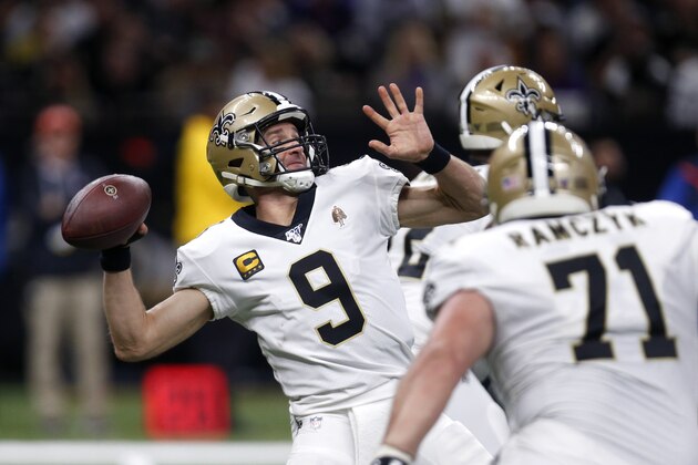 New Orleans Saints quarterback Drew Brees (9) passes in the first half of an NFL wild-card playoff football game against the Minnesota Vikings, Sunday, Jan. 5, 2020, in New Orleans. (AP Photo/Butch Dill)