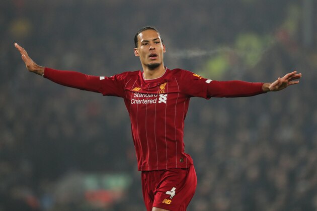 LIVERPOOL, ENGLAND - JANUARY 19: Virgil Van Dijk of Liverpool during the Premier League match between Liverpool FC and Manchester United at Anfield on January 19, 2020 in Liverpool, United Kingdom. (Photo by Matthew Ashton - AMA/Getty Images)