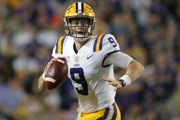 FILE - In this Nov. 30, 2019, file photo, LSU quarterback Joe Burrow (9) scrambles during the first half of an NCAA college football game against Texas A&M, in Baton Rouge, La. LSU quarterback Joe Burrow is The Associated Press college football player of the year in a landslide vote.  Burrow, who has led the top-ranked Tigers to an unbeaten season and their first College Football Playoff appearance, received 50 of 53 first-place votes from AP Top 25 poll voters and a total of 156 points.  (AP Photo/Gerald Herbert, File)