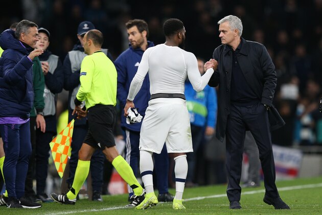 LONDON, ENGLAND - NOVEMBER 26: Tottenham Hotspur manager Jose Mourinho shakes hands with Danny Rose after the UEFA Champions League group B match between Tottenham Hotspur and Olympiacos FC at Tottenham Hotspur Stadium on November 26, 2019 in London, United Kingdom. (Photo by Craig Mercer/MB Media/Getty Images)
