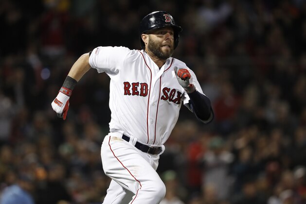 Boston Red Sox's Dustin Pedroia runs out a hit against the Toronto Blue Jays during the third inning of a baseball game, Thursday, April 11, 2019, at Fenway Park in Boston. (AP Photo/Winslow Townson)
