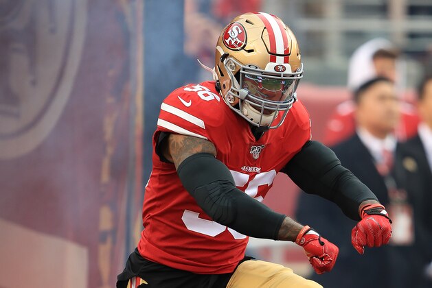 SANTA CLARA, CALIFORNIA - JANUARY 19: Kwon Alexander #56 of the San Francisco 49ers runs onto the field prior to the NFC Championship game against the Green Bay Packers at Levi's Stadium on January 19, 2020 in Santa Clara, California. (Photo by Sean M. Haffey/Getty Images)