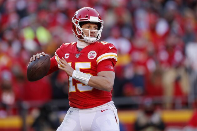 Kansas City Chiefs quarterback Patrick Mahomes (15) during the first half of the NFL AFC Championship football game against the Tennessee Titans Sunday, Jan. 19, 2020, in Kansas City, MO. (AP Photo/Jeff Roberson)