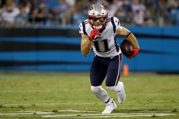 CHARLOTTE, NC - AUGUST 24:  Julian Edelman #11 of the New England Patriots runs the ball against the Carolina Panthers in the second quarter during their game at Bank of America Stadium on August 24, 2018 in Charlotte, North Carolina.  (Photo by Streeter Lecka/Getty Images)