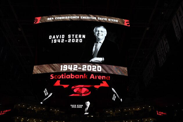 TORONTO, CANADA - JANUARY 7: NBA Commissioner Emertus David Stern is honored before the game between the Portland Trail Blazers and the Toronto Raptors on January 7, 2020 at the Scotiabank Arena in Toronto, Ontario, Canada.  NOTE TO USER: User expressly acknowledges and agrees that, by downloading and or using this Photograph, user is consenting to the terms and conditions of the Getty Images License Agreement.  Mandatory Copyright Notice: Copyright 2020 NBAE (Photo by Ron Turenne/NBAE via Getty Images)