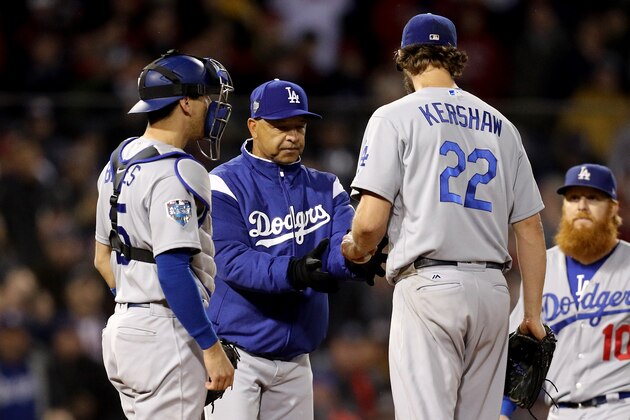 BOSTON, MA - OCTOBER 23:  Manager Dave Roberts #30 removes Clayton Kershaw #22 of the Los Angeles Dodgers from the game during the fifth inning against the Boston Red Sox in Game One of the 2018 World Series at Fenway Park on October 23, 2018 in Boston, Massachusetts.  (Photo by Maddie Meyer/Getty Images)