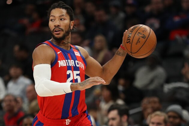 WASHINGTON, DC - JANUARY 20: Derrick Rose #25 of the Detroit Pistons in action against the Washington Wizards during the first half at Capital One Arena on January 20, 2020 in Washington, DC. NOTE TO USER: User expressly acknowledges and agrees that, by downloading and or using this photograph, User is consenting to the terms and conditions of the Getty Images License Agreement. (Photo by Patrick Smith/Getty Images)