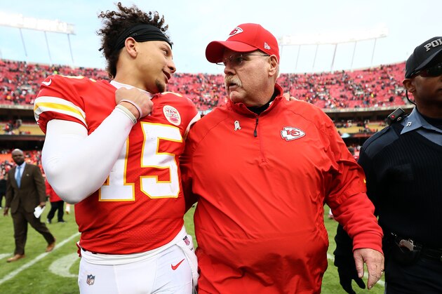 KANSAS CITY, MISSOURI - NOVEMBER 11:  Patrick Mahomes #15 of the Kansas City Chiefs walks off the field alongside head coach Andy Reid after the Chiefs defeated the Arizona Cardinals 26-14 to win the game at Arrowhead Stadium on November 11, 2018 in Kansas City, Missouri. (Photo by Jamie Squire/Getty Images)