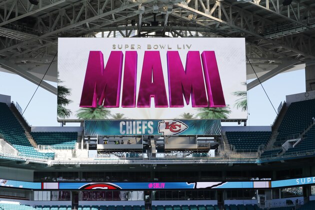 A scoreboards is seen during a tour of Hard Rock Stadium on Tuesday, Jan. 21, 2020, ahead of a NFL Super Bowl LIV football game in Miami Gardens, Fla. (AP Photo/Brynn Anderson)