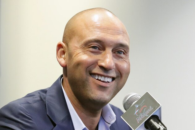 FILE - In this Sept. 20, 2019, file photo, Miami Marlins CEO Derek Jeter smiles as he speaks during a news conference in Miami. Derek Jeter is among 18 newcomers on the 2020 Hall of Fame ballot, announced Monday, Nov. 18, 2019, and is likely to be an overwhelming choice to join former New York Yankees teammate Mariano Rivera in Cooperstown after the reliever last year became the first unanimous pick by the Baseball Writers' Association of America. (AP Photo/Wilfredo Lee, File)