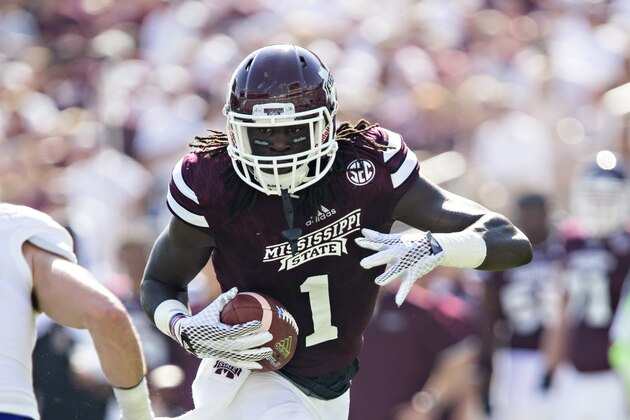 STARKVILLE, MS - SEPTEMBER 19:  De'Runnya Wilson #1 of the Mississippi State Bulldogs runs the ball against the Northwestern State Demons at Davis Wade Stadium on September 19, 2015 in Starkville, Mississippi.  The Bulldogs defeated the Demons 62-13.  (Photo by Wesley Hitt/Getty Images)